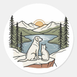 Hund och katt Berg Sjö Solnedgång Runt Klistermärke