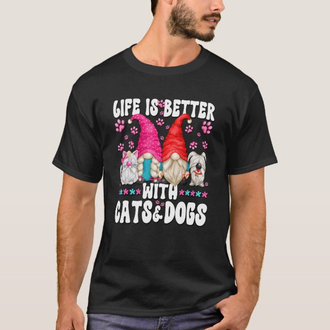 Hund och katt Gnome par med katt och Hundar T Shirt (Framsida)