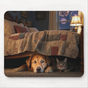 Hund och katt gömmer sig under en säng musmatta