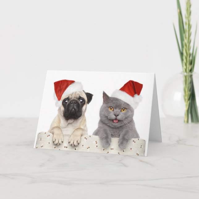 Hund och katt i röd jul helgkort (Framsida)