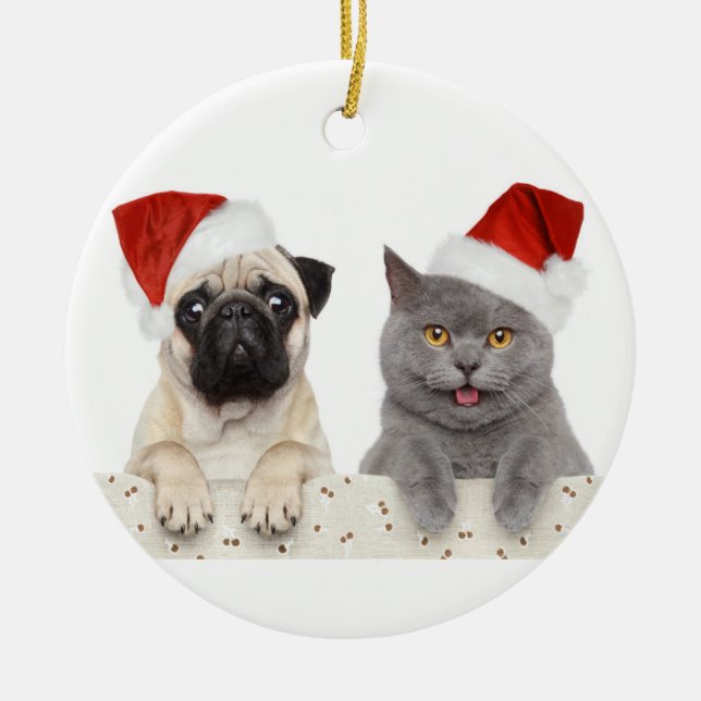 Hund och katt i röd julhatt julgransprydnad keramik (Framsidan)