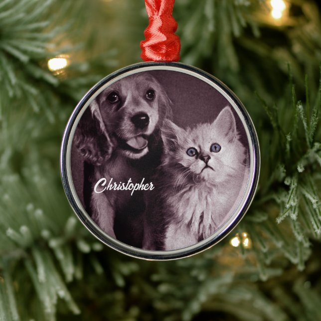 Hund och katt, Tittar upp Personlig Julgransprydnad Metall (Träd)