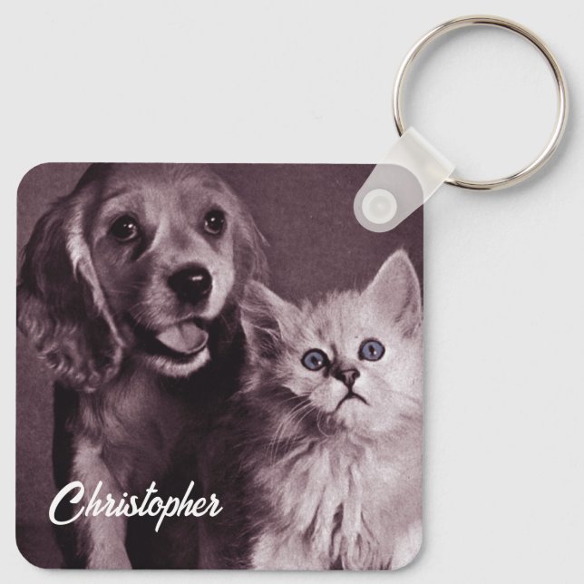 Hund och katt, Tittar upp Personlig Nyckelring (Baksida)
