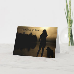 Hund- och kvinna sjöSilhouette Kort