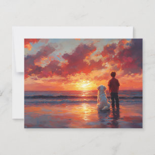 Hund och pojke som vaktar Sunset på stranden Vykort