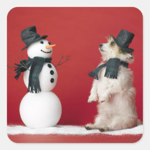 Hund och Snögubbe Fyrkantigt Klistermärke