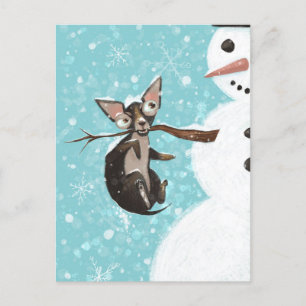 Hund och snögubbe. vykort