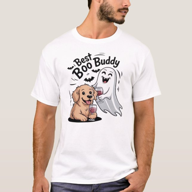 Hund och spöke dricker vin. Klassisk T-Shirt (Framsida)