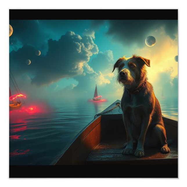 Hund på båt fototryck (Framsidan)