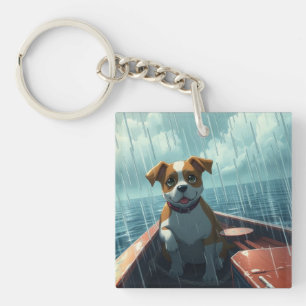 Hund på båt i havet under regn