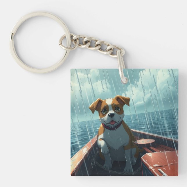 Hund på båt i havet under regn (Framsidan)