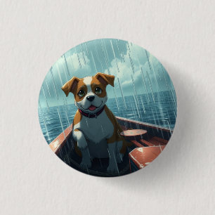 Hund på båt i havet under regn knapp