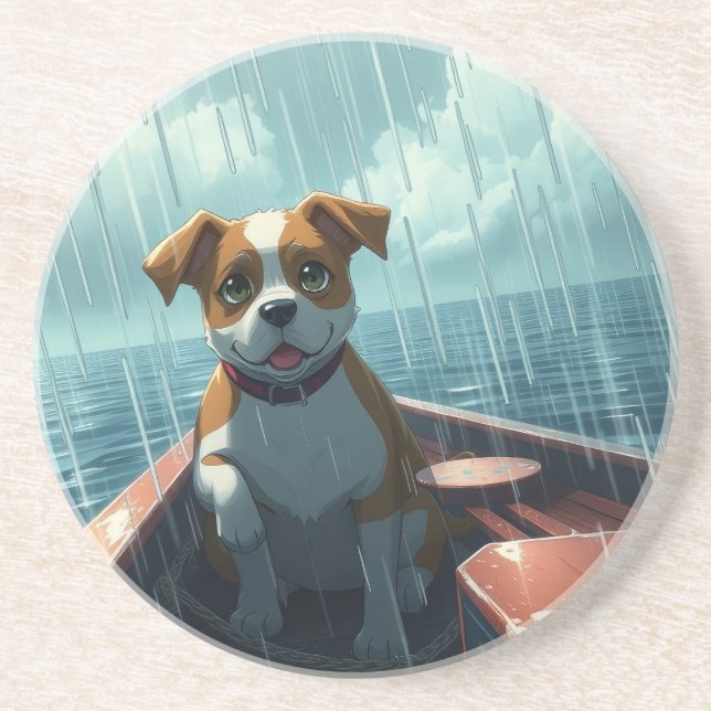 Hund på båt i havet under regn underlägg (Framsidan)
