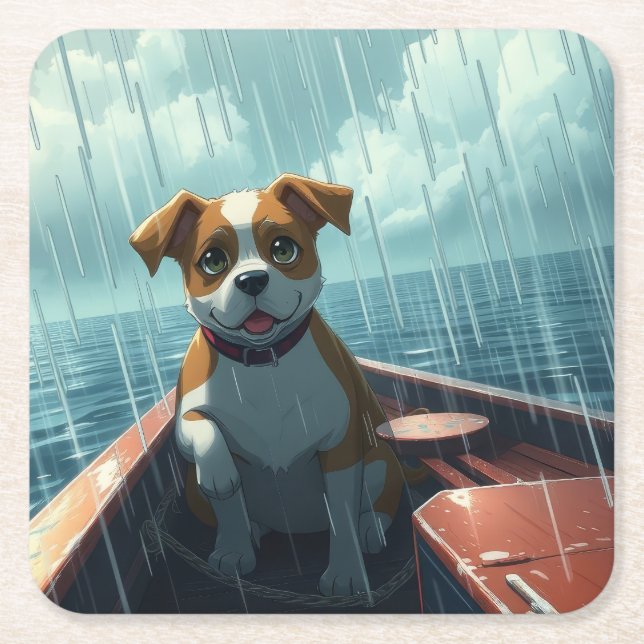 Hund på båt i havet under regn underlägg papper kvadrat (Framsidan)