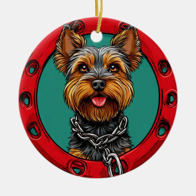 Hund på en grön bakgrund julgransprydnad keramik (Framsidan)