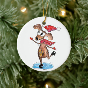 Hund på isskal julgransprydnad keramik