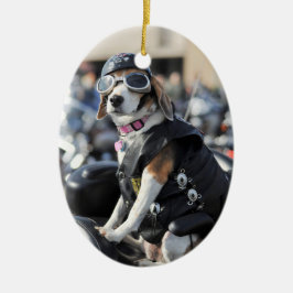 Hund på motorcykelfoto julgransprydnad keramik