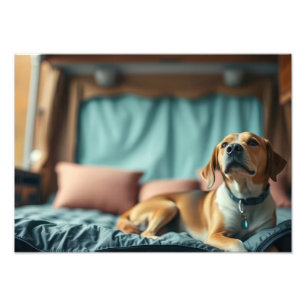Hund på säng fototryck