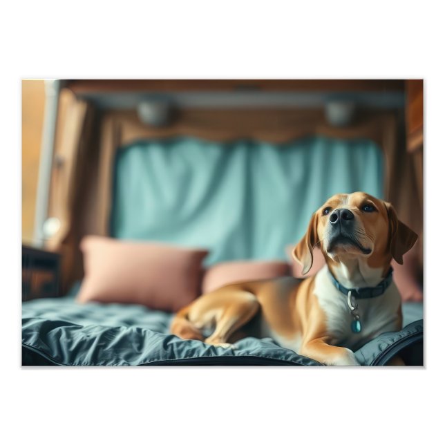 Hund på säng fototryck (Framsidan)
