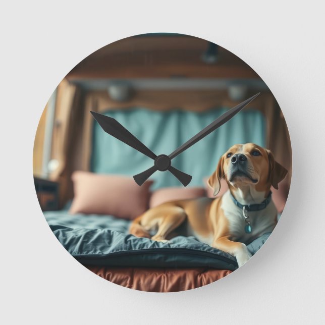 Hund på säng rund klocka (Framsida)