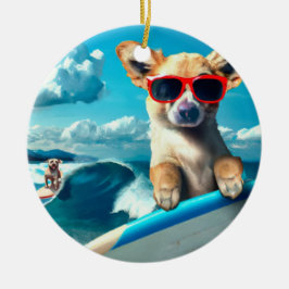 Hund på surfboard med solglasögon AI Art Jul Julgransprydnad Keramik