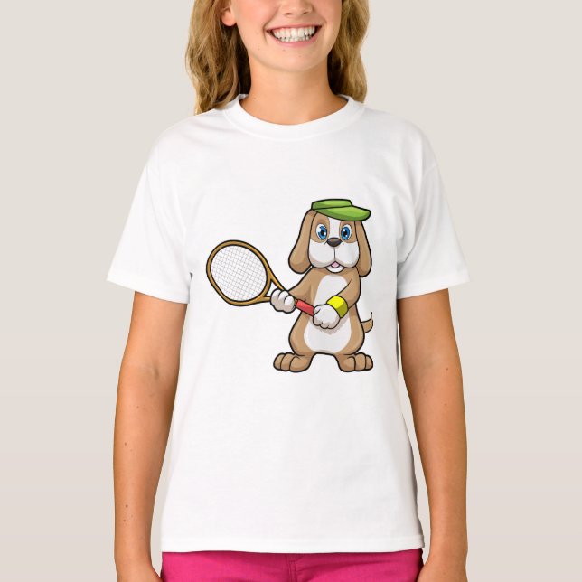 Hund på Tennis med tennis racket & Cap T Shirt (Framsida)