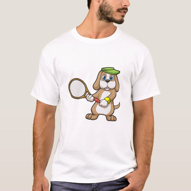 Hund på Tennis med tennis racket & Cap T Shirt (Framsida)