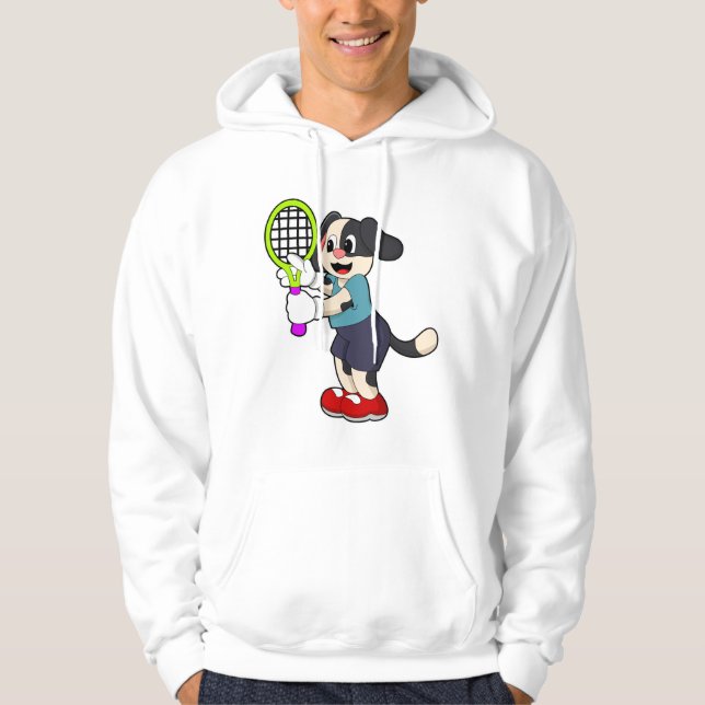 Hund på Tennis med tennis racket Hoodie (Framsida)