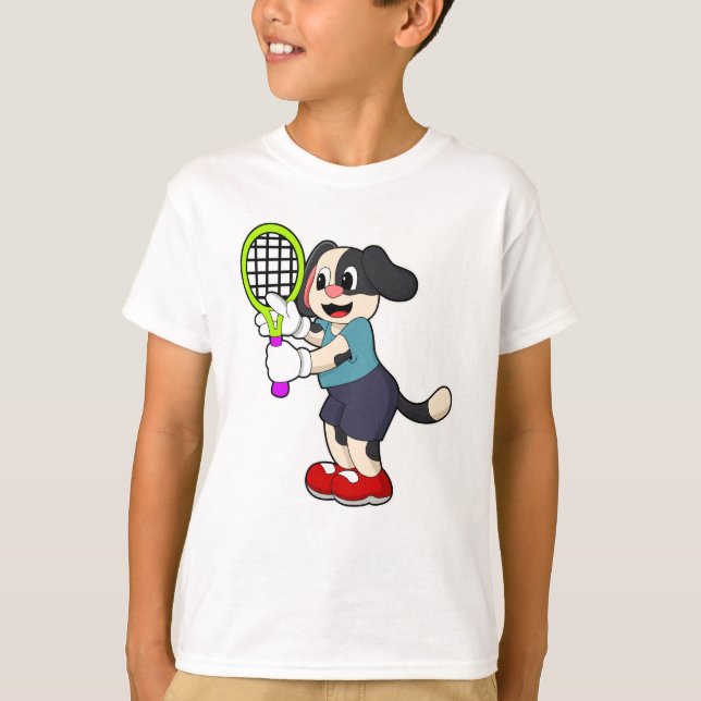 Hund på Tennis med tennis racket T Shirt (Framsida)