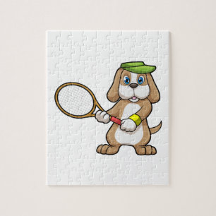 Hund på tennis med tennisracket och keps pussel