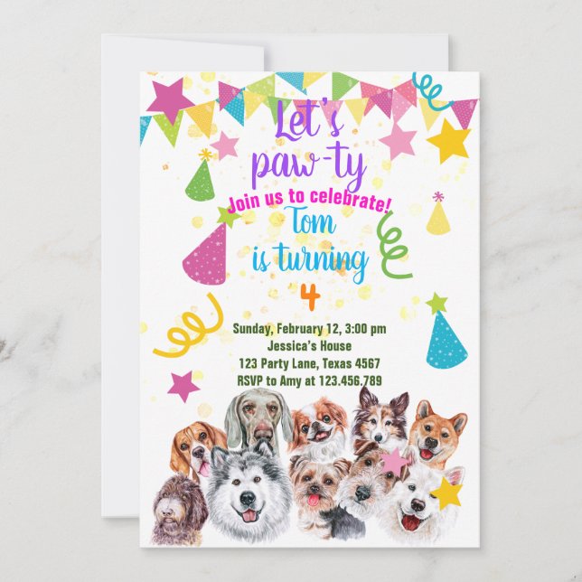 Hund party födelsedagsinbjudan inbjudningar (Framsida)