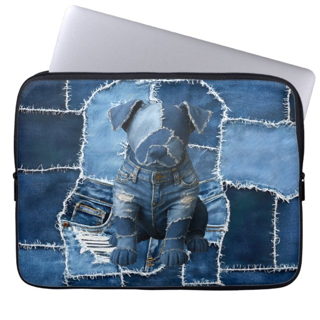 Hund Patchwork Art Denim Laptop Fodral (Framsidan)