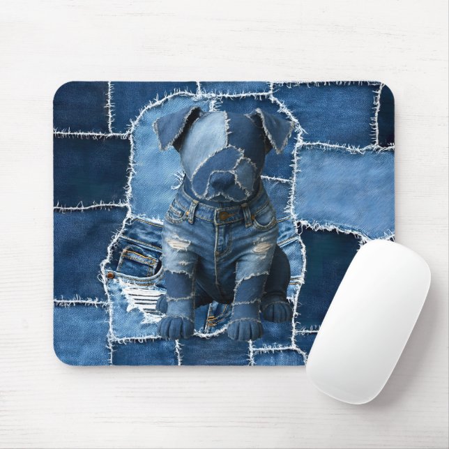 Hund Patchwork Art Denim Musmatta (Med mus)