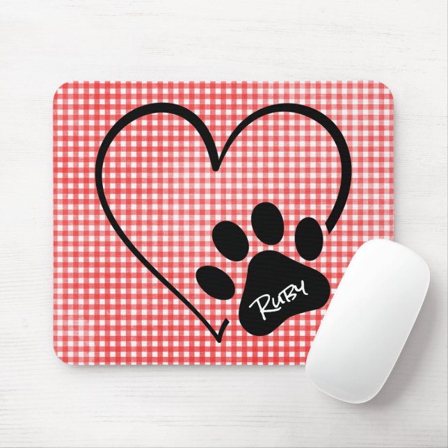 Hund Paw Print and Heart på Gingham Musmatta (Med mus)