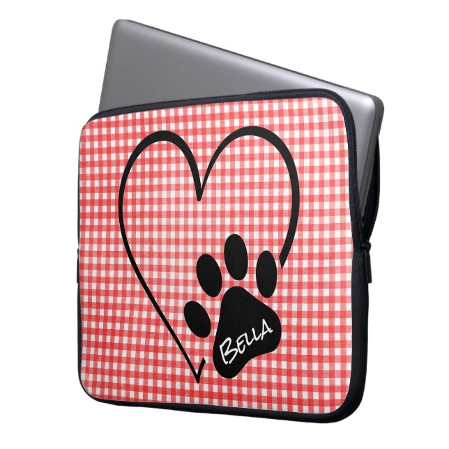 Hund Paw Print Heart på Gingham Laptop Fodral (Framsidan Vänster)