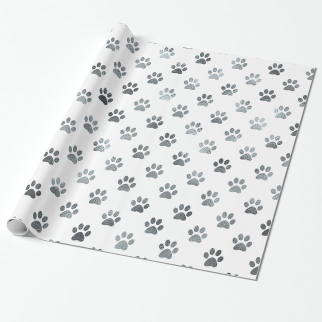 Hund Paw Skriv ut Silver Grått Vit metallisk faux- Presentpapper (Utrullad)