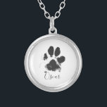 Hund Paw-utskrift med Pets Namn - Svart - Silverpläterat Halsband<br><div class="desc">Hund Paw-utskrift med Pets Namn - Svart -</div>