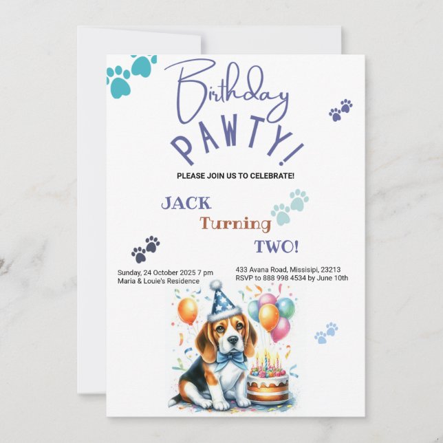 Hund Pawty Beagle Personlig Birthday Inbjudningar (Framsida)