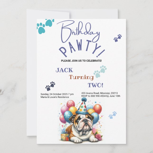Hund Pawty Bulldog Personlig Birthday Inbjudningar (Framsida)
