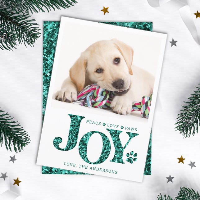 Hund personlig Pet Photo JOY Teal Paw Print Julkort (Skapare uppladdad)