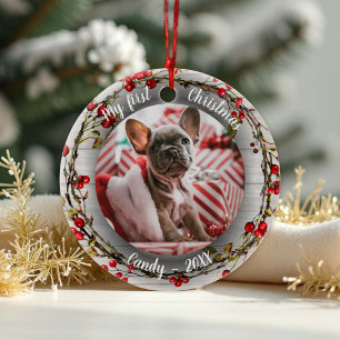 Hund Pet First jul Photo Red Berry Wandan Julgransprydnad Keramik