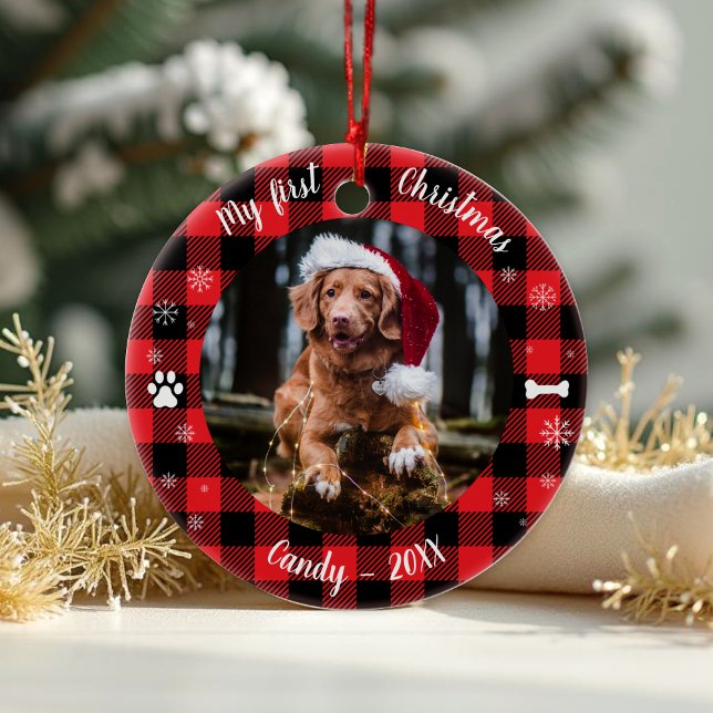 Hund Pet First jul Photo Rustic Buffalo Check Julgransprydnad Keramik (Skapare uppladdad)