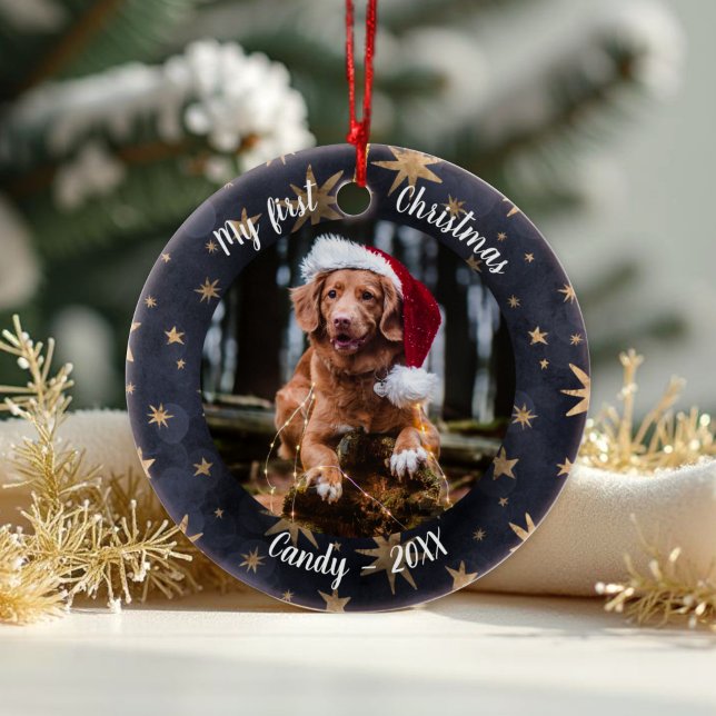 Hund Pet First jul Photo Rustic Messy Stars Julgransprydnad Keramik (Skapare uppladdad)