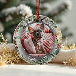 Hund Pet First jul Photo Winter Winter Wandeans Julgransprydnad Keramik<br><div class="desc">Hämta din lilla hund första jul med personlig foton. Lägg till ditt favoritprogram bilder,  namn och året för en unik keepé som firar din nya ankomst! Designad av CaMiDesigns.</div>