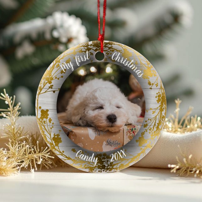 Hund Pet First jul Photo Wreaths Gold Foods Julgransprydnad Keramik (Skapare uppladdad)