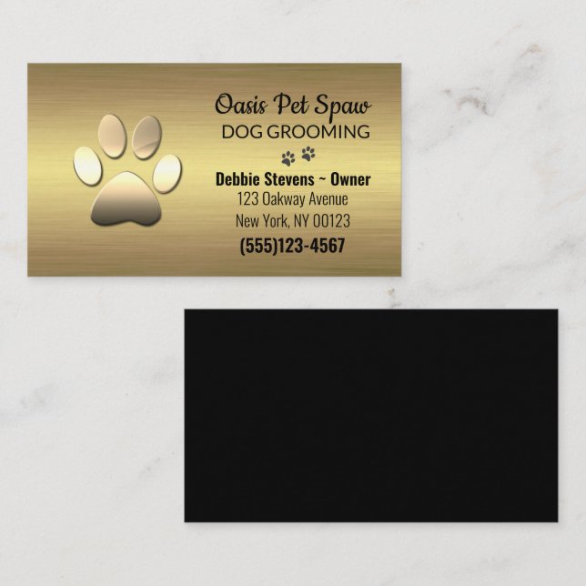 Hund Pet Grooming Service Business i Guld Paw Skri Visitkort (Fram/baksida)
