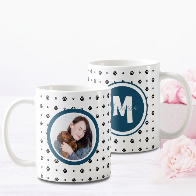 Hund Pet Monogram Photo Paw Skriv ut marin blå fär Kaffemugg (Skapare uppladdad)