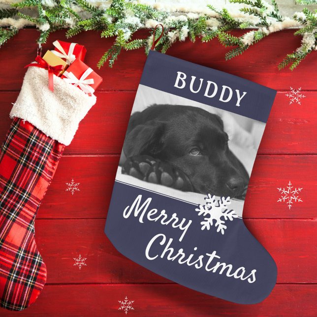 Hund Pet Namn Photo Snowflake Mörk blått Stor Julstrumpa (Skapare uppladdad)