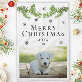 Hund Pet Photo Gräs Snöflingor God jul Kökshandduk