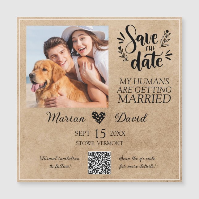 Hund Pet Photo Rustic Save Date Qr-koden Bröllop (Framsida)